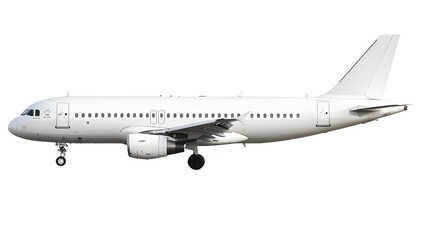 White passenger airplane isolated on white background, detailed photo, png. 