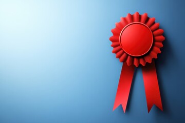 Red award ribbon on blue background symbolizing achievement recognition