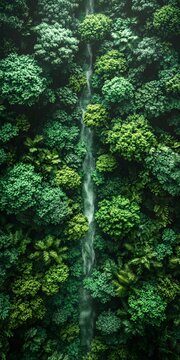 Aerial photography of a rainforest captured with an angel shot perspective, featuring perfect composition and super realistic details.