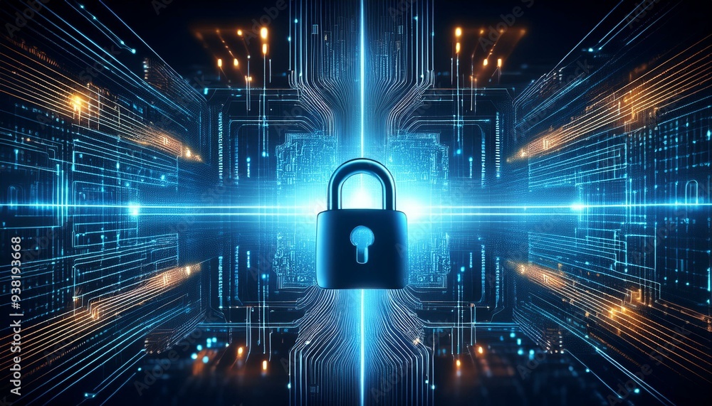 Poster encrypted cyber security data stream with lock icon representing digital protection