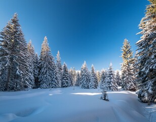 Fototapeta premium Enchanting Winter Wonderland Snowy Forest with Towering Pine Trees and Clear Blue Sky