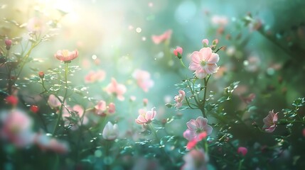 A serene garden scene filled with delicate pink flowers and soft sunlight, creating a tranquil atmosphere.