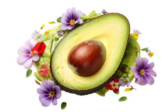A ripe avocado cut open and edible flower isolated on white background.