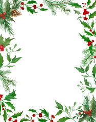Christmas watercolor frame. Hand drawn floral illustration isolated on white background.. Vector EPS.