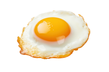 Fried egg with golden yolk and crispy white edge, isolated on white background.