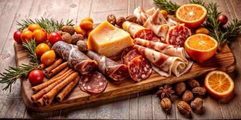 Holiday Charcuterie Board with Meat Delicacies, Cheese, Cherries, Oranges, and Nuts Adorned with Pine Sprigs