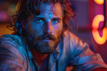Portrait of thoughtful man with neon lights in background