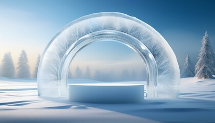Ethereal Winter Landscape with Geometric Ice Arch and Frosted Podium in Soft Natural Light