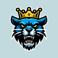 Blue Panther King with Crown Vector Illustration - Fierce Animal Mascot Logo Design , Royal Panther with Crown Graphic - Aggressive Blue Cat Emblem for Sports and Esports