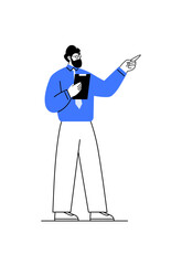 Illustration of a man in a blue shirt holding a clipboard while pointing forward. Themes include leadership, presentations, business communication, and decision-making. Professional and clean style.