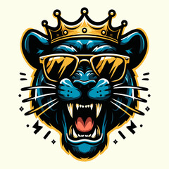 Blue Panther King with Crown Vector Illustration - Fierce Animal Mascot Logo Design , Royal Panther with Crown Graphic - Aggressive Blue Cat Emblem for Sports and Esports