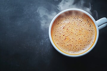 Steaming cup of coffee on dark background