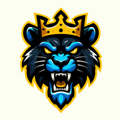 Blue Panther King with Crown Vector Illustration - Fierce Animal Mascot Logo Design , Royal Panther with Crown Graphic - Aggressive Blue Cat Emblem for Sports and Esports