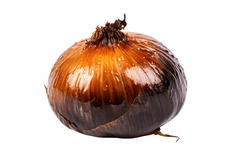 Close-up photo of caramelized onions, isolated on white background.
