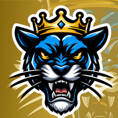 Blue Panther King with Crown Vector Illustration - Fierce Animal Mascot Logo Design , Royal Panther with Crown Graphic - Aggressive Blue Cat Emblem for Sports and Esports