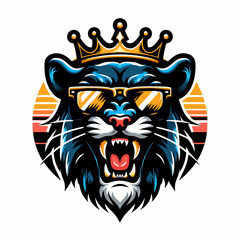Blue Panther King with Crown Vector Illustration - Fierce Animal Mascot Logo Design , Royal Panther with Crown Graphic - Aggressive Blue Cat Emblem for Sports and Esports