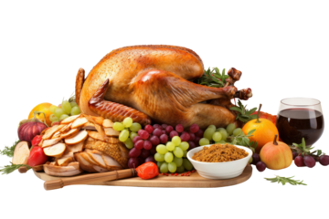 Classic Thanksgiving illustration with roasted turkey, isolated on white background.