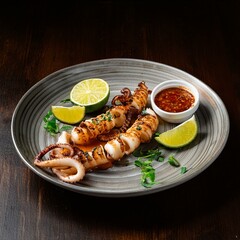 Exquisite Grilled Calamari Platter with Spicy Sauce and Lime Garnish