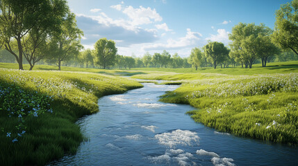 Fototapeta premium Krajobraz z krętym strumieniem płynącym przez piękną łąkę, otoczony zielenią i drzewami, z klarownym, niebieskim niebem w tle.