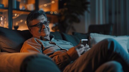 Fototapeta premium an old person sitting in relaxation chair using glasses and playing smarthpone illustrative photo