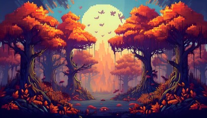 Creepy Autumn Woods - An 8-bit pixel art scene of a spooky autumn forest. Graphic art illustration poster