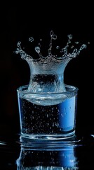 Elegant splash in glass of water on black background