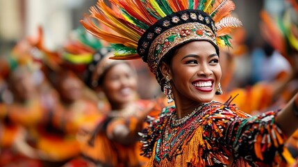 Fototapeta premium Colorful Kadayawan Festival parade, traditional dancers in ornate costumes, joyfully performing cultural dances in the bustling streets