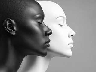 Two women's faces are painted in black and white