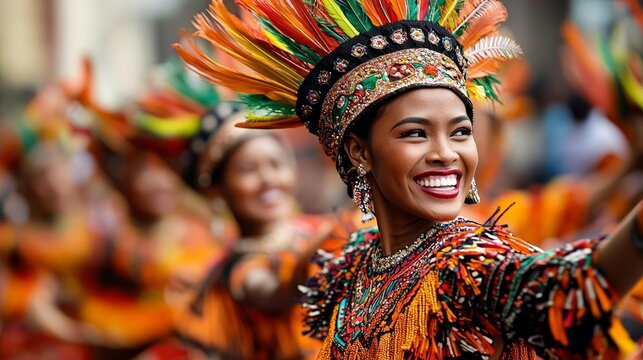 Colorful Kadayawan Festival parade, traditional dancers in ornate costumes, joyfully performing cultural dances in the bustling streets