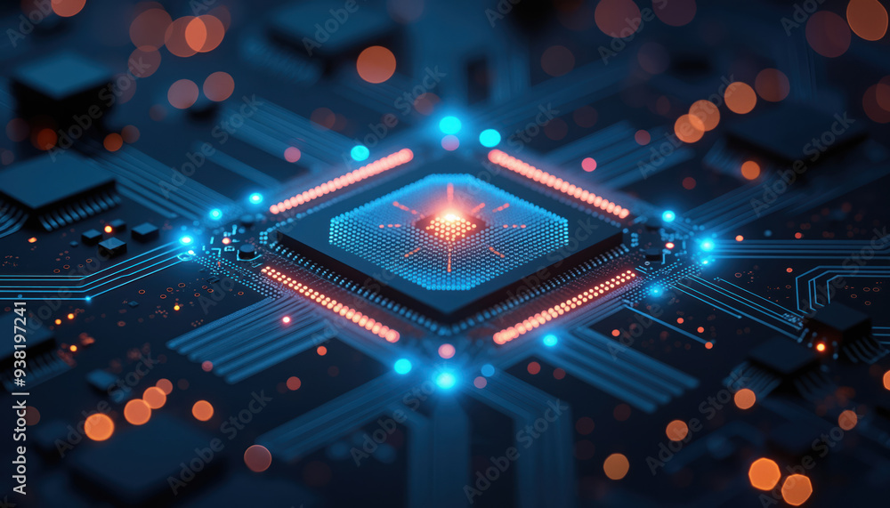 Poster glowing processor with circuitry: a glowing processor with visible circuitry on a blue background, r