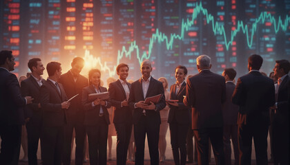 Business team discussing stock market data, emphasizing the collective effort to overcome market challenges.