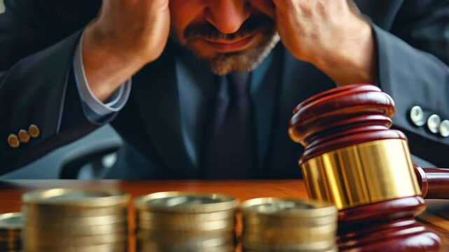 A close-up of stacked coins beside a judge's gavel with a distressed businessman in the background.