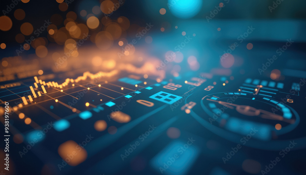Poster bokeh financial data with graphs: abstract image featuring stock market graphs and bokeh lights, rep