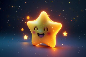 A happy cartoon star glows brightly in the night sky, surrounded by sparkling lights, creating a joyful and magical scene.