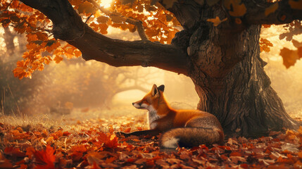A serene scene of a fox resting under the shade of a large oak tree, surrounded by fallen autumn leaves in shades of orange, red, and yellow