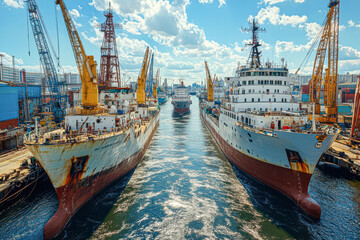 Fototapeta premium Two large ships are docked in a harbor