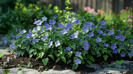 A vibrant cluster of purple flowers blooming amidst lush greenery in a serene garden setting.