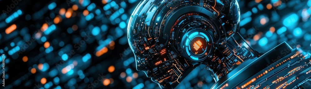 Poster futuristic robot head surrounded by glowing circuits, representing advanced technology and artificia