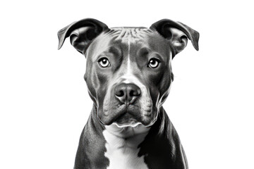 Black and white photo of a pitbull staring isolated on white background.