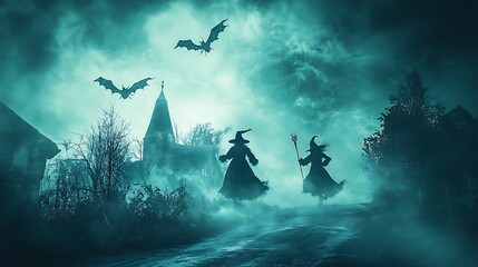 Two Witches Walking Through a Foggy Halloween Night