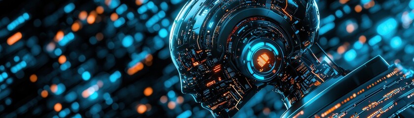 Futuristic robot head surrounded by glowing circuits, representing advanced technology and artificial intelligence themes.
