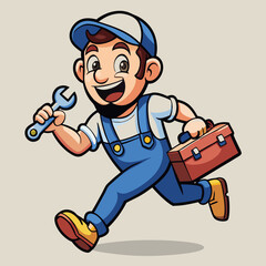 Cheerful Cartoon Plumber with Wrench and Toolbox in Vibrant, Detailed Design