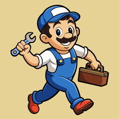 Cheerful Cartoon Plumber with Wrench and Toolbox in Vibrant, Detailed Design