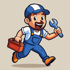 Cheerful Cartoon Plumber with Wrench and Toolbox in Vibrant, Detailed Design