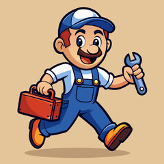 Cheerful Cartoon Plumber with Wrench and Toolbox in Vibrant, Detailed Design