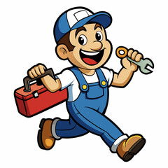Cheerful Cartoon Plumber with Wrench and Toolbox in Vibrant, Detailed Design