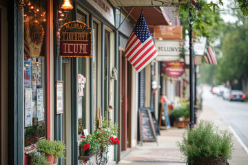 Naklejka premium A street with a few shops and a sign that says 
