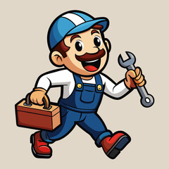 Cheerful Cartoon Plumber with Wrench and Toolbox in Vibrant, Detailed Design