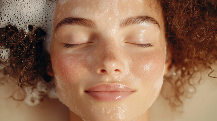 Naklejka premium Bliskie ujęcie osoby z uśmiechem i zamkniętymi oczami, relaksującej się w pianowej kąpieli. Jej promienna cera i spokojny wyraz twarzy podkreślają elementy pielęgnacji skóry.
