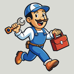 Cheerful Cartoon Plumber with Wrench and Toolbox in Vibrant, Detailed Design